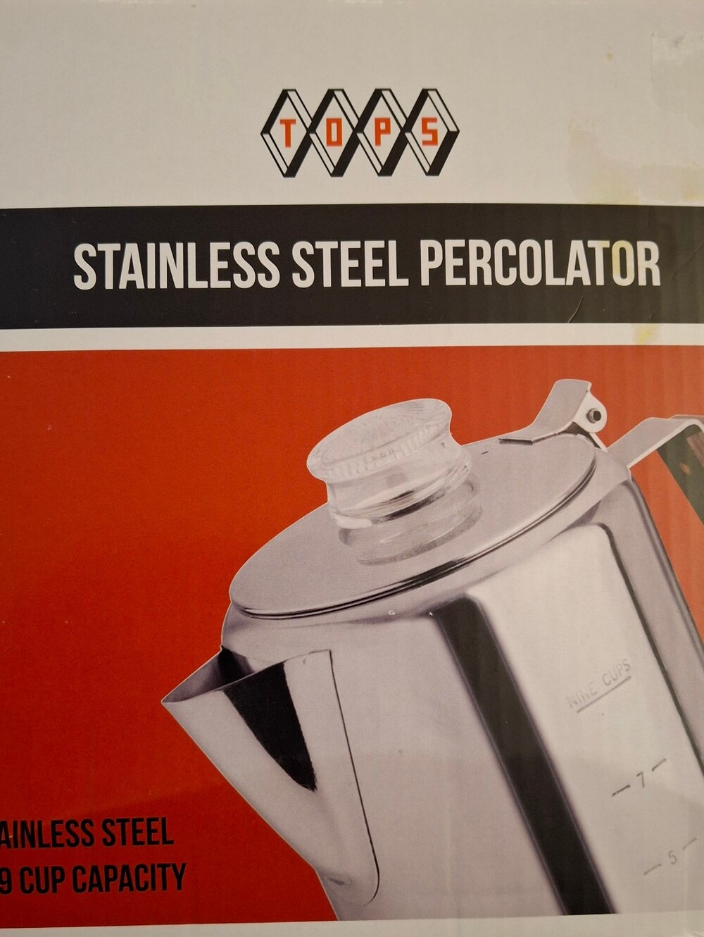 Tops Stainless Steel Stovetop Percolator 2-9 Cup Silver Coffee Pot 55704